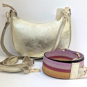 Gold Leather Crossbody Purse | Crescent Shoulder Bag | Italian Luxury Handbag